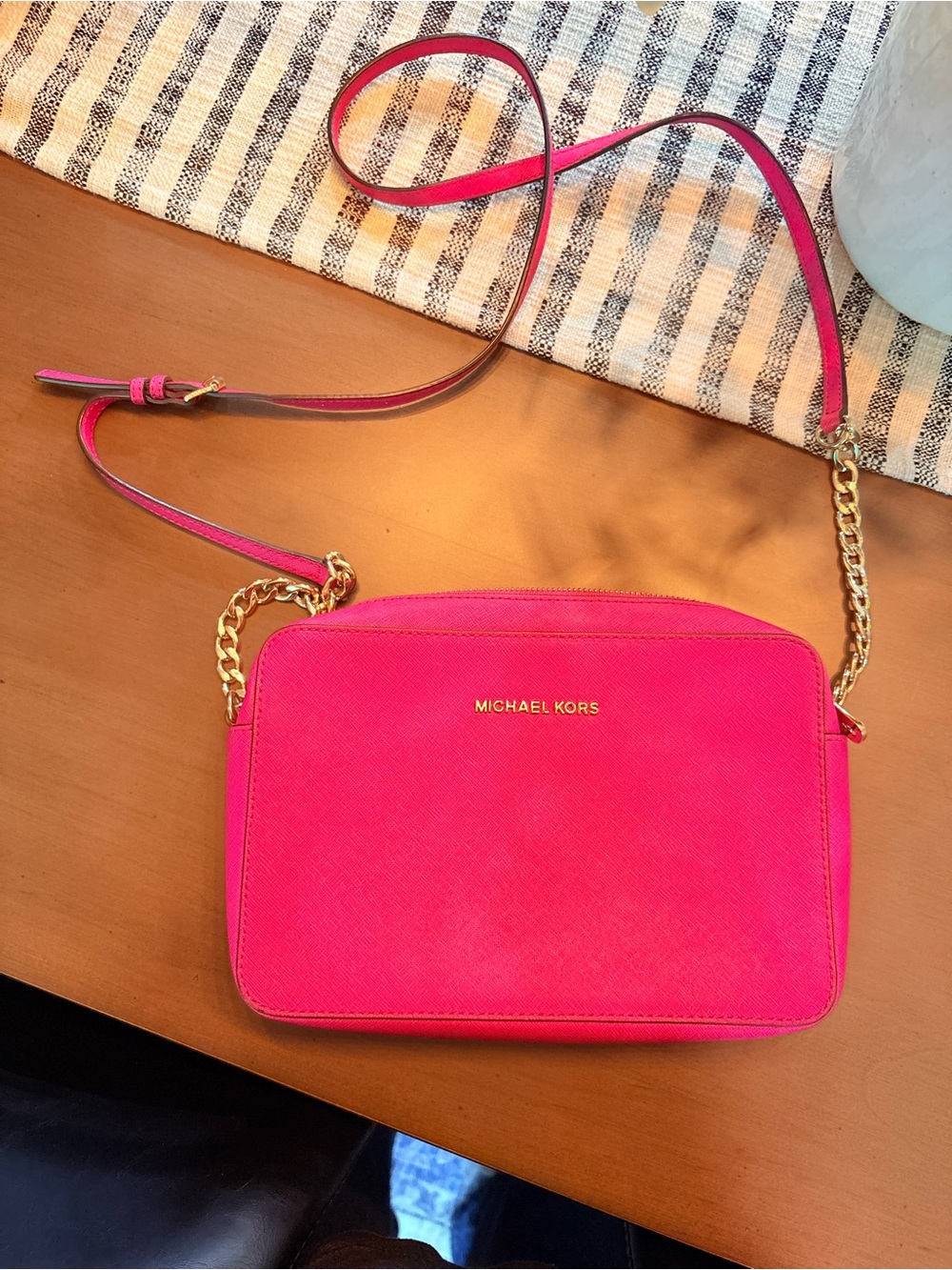 Michael Kors Hot Pink Saffiano Crossbody with Gold Chain
